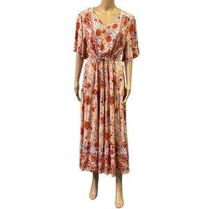 Zesica Rayon Orange Floral Short Sleeve Drawstring Waist Pocket Maxi Dress XL